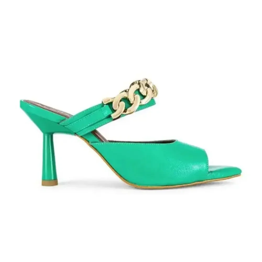 ALOHAS Daisy Heeled Mule Gold Chain Kelly Green Sz 37 / US 6 $195